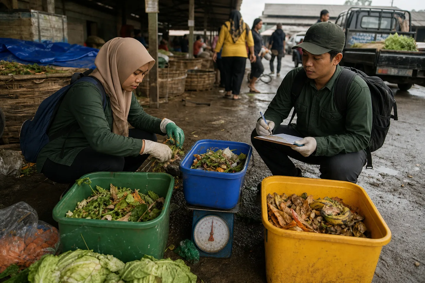 Two field workers weighing and sorting separated organic waste during a traditional market assessment